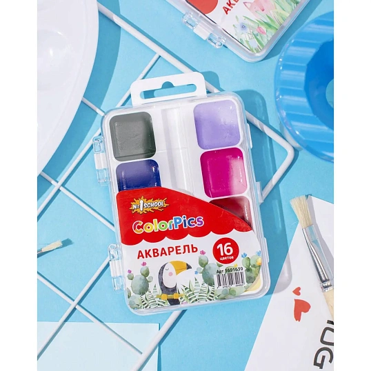 Краски акварельные Комус Класс ColorPics набор 16 цв б/кисти пластик