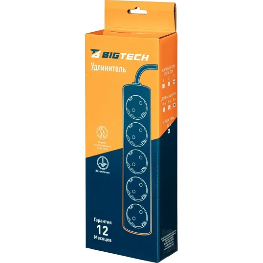Удлинитель BigTech UTD-510-5-W (5р/5м/10А/2,2кВт/1мм2/белый)