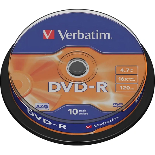 Носители информации DVD-R, 16x, Verbatim Azo Matt Silver, Cake/10, 43523