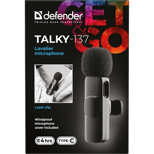 Микрофон Defender Talky-137 wrls, петличный, черный, на прищепке, 1шт