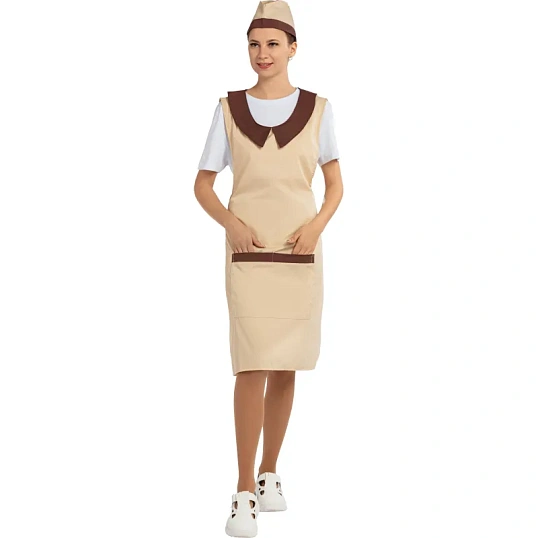 Фартук сарафан Маркет Профи с пилоткой всеразмерный цв. беж/шок