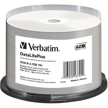 Носители информации DVD-R Verbatim 4.7Gb 16x Cake 50шт/уп Printable (43744)