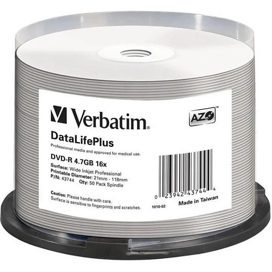 Носители информации DVD-R Verbatim 4.7Gb 16x Cake 50шт/уп Printable (43744)