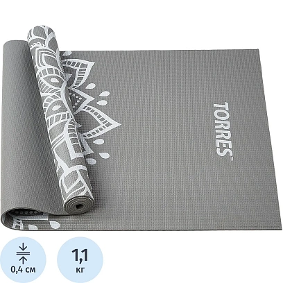 Коврик для йоги TORRES Relax 4, YL12224G, PVC 4 мм, нескольз, серый