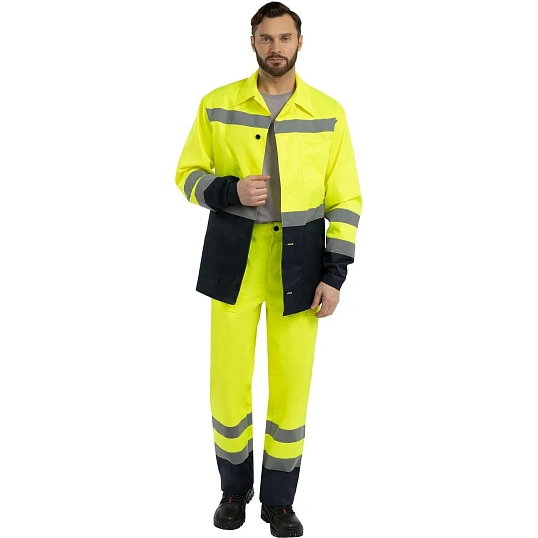 Костюм сигнальный летний муж (куртка,брюки) лс07 желт/т.син 96-100/182-188