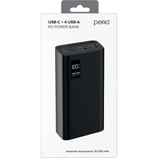 Внешний аккумулятор PERO PB07 30000 mAh,Li-Pol,output USB-C + 4USB-A,черный