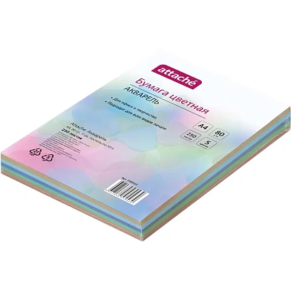 Бумага цветная Attache 'Акварель' (А4,80г,5цв. пастель по 50л.) пачка 250л