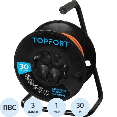 Удлинитель Topfort ПВС 3х1кв.мм, 30м на пласт.катушке, 4 роз. с/з, IP44