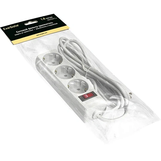 Сетевой фильтр ExeGate SP-3-1.8W 3/р1.8м, 10А/2,2кВт, белый(EX221178RUS)