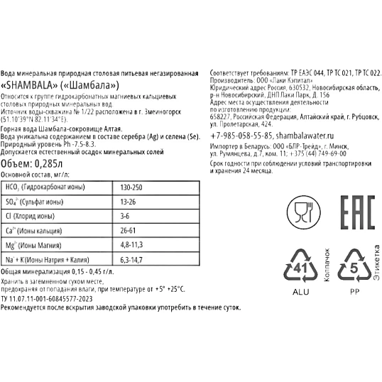 Вода минеральная Шамбала Горная природная негаз стекло 0,285л