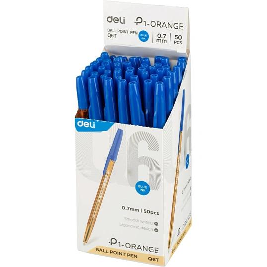 Ручка шариковая неавтомат. Deli P1-Orange EQ6T, пулев.нак,0.7мм,син.черн