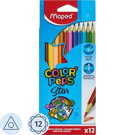 Карандаши цветные Maped COLOR'PEPS STAR, трехгранные,дерево,12цв/наб,183212