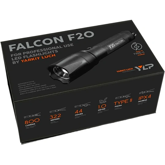 Фонарь ЯРКИЙ ЛУЧ F20 Falcon CREE XP-L HI, 3 режима, аккум