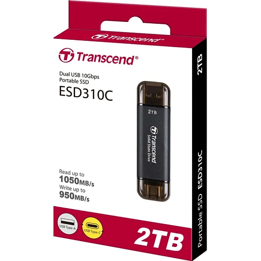 Портативный SSD Transcend 2Tb, USB 10Gbps, Type-C/Type-A, Черный