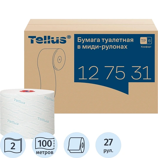 Бумага туалетная д/дисп Торк/Tellus в миди-рул Т6 2сл100м27рул127530/127531
