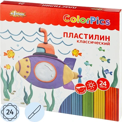 Пластилин клас.Комус Класс(№1 School)ColorPics 24 цв 480г,со стеком,картон