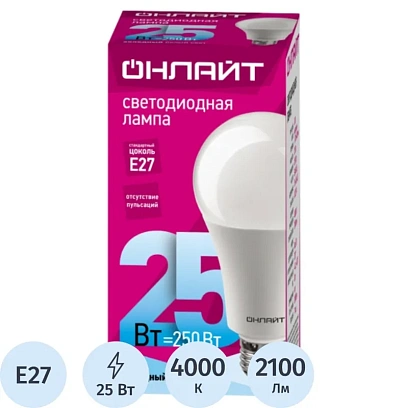 Лампа светодиодная ОНЛАЙТ OLL-A60-25-230-4K-E27 25Вт Е27 4000К 61954