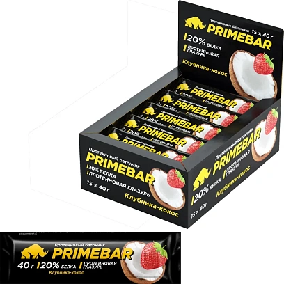 Батончик протеиновый PRIMEBAR со вкусом клубники и кокоса, 40г, 15шт/уп
