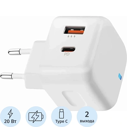 Зарядное устройство сет. PERO TC10 USB-C + USB-A c каб. C to C 20W, белый