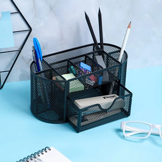 Подставка-органайзер д/канц.мелочей Комус 9отд мет сетка 220х110х105мм черн